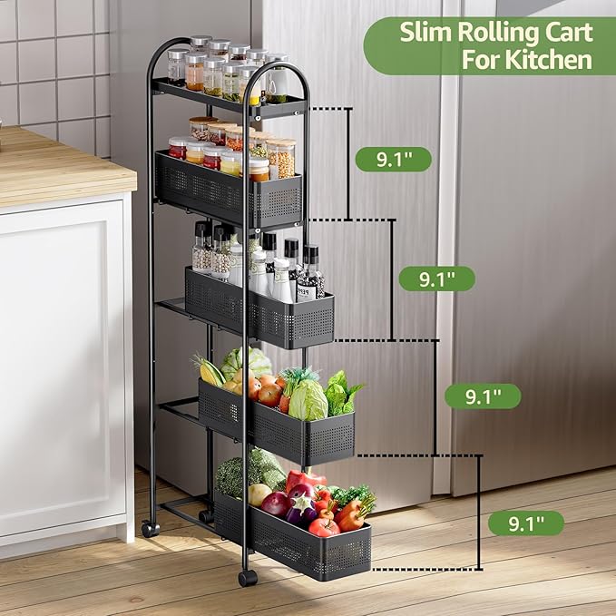 KINGRACK 5-Tier Slim Storage Cart with Pull Out Basket, Rolling Bathroom Organizer Utility, Metal Shelving Unit Slide Out, Lockable Wheels, Easy Assembly for Narrow Place, Kitchen, Laundry Room, Black