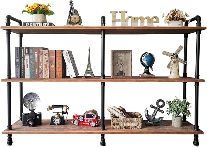 3 Tier Industrial Long Bookshelf, Entryway Industrial Metal Bookcase (Weathered Brown, 60" L x 11.8" W x 39" H)