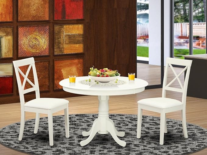 East West Furniture HLBO3-LWH-LC 3 Piece Dining Set Contains a Round Dining Table with Pedestal and 2 Faux Leather Kitchen Room Chairs, 42x42 Inch, Linen White