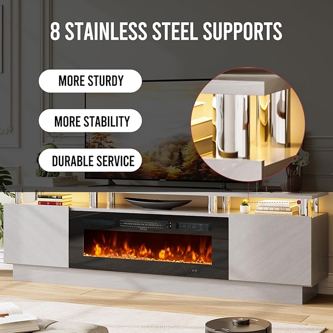 70" TV Stand for Living Room, Entertainment Center with Storage Cabinet, Fits TVs up to 80", Modern Media Console with Shelves, 36" Electric Fireplace (Grey+Black)