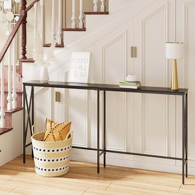 Masupu 63" Console Table, Modern Narrow Long Sofa Table Behind Couch, Skinny Entry Table, Industrial Sofa Table with Metal Frame for Hallway, Living Room, Classic Black…