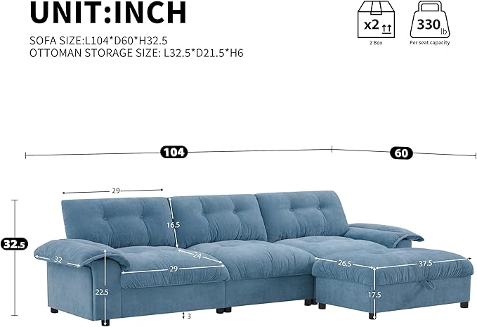 Mreax L-Shape Sectional Sofa with Movable Storage Ottoman and Multifunctional Armrest, 4 Seater Oversized Chenille Upholstered Cloud Couch for Living Room, Apartment, Unique Tufted Design, Light Blue