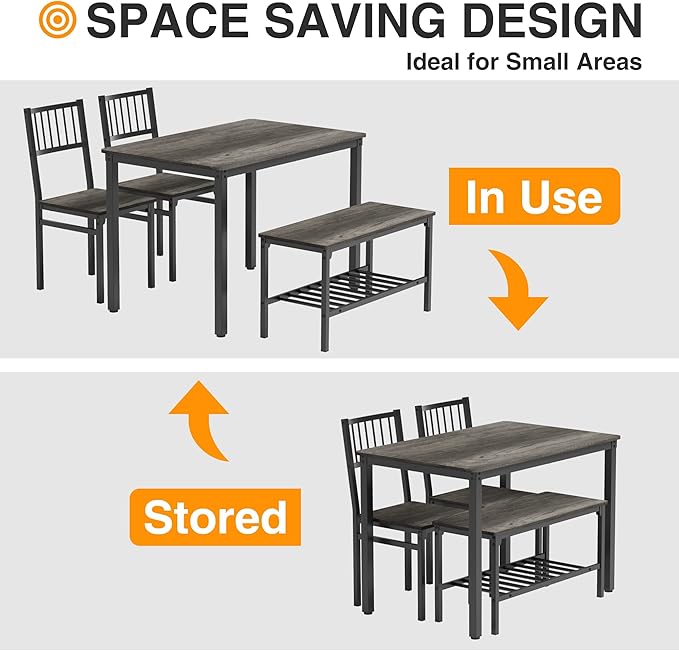 Teraves Dining Table Set for 4/Computer Desk,Kitchen Table with 2 Chairs and a Bench,Table and Chairs Dining Set 4 Piece Set for Dining Room (Black Oak+Black Frame, 110CM)