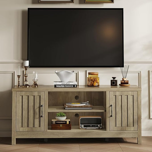 ChooChoo Farmhouse TV Stand, Wood Fluted Door Entertainment Center with Storage Cabinets and Open Shelves, Rustic Media Console up to 55 inches for Living Room, Bedroom, Grey Wash