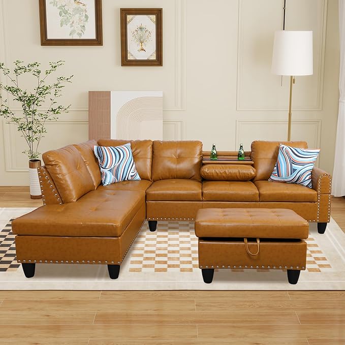 L Shaped Modular Sectional Sofa with Reversible Chaise Lounge, 5-Seater Corner Couch, PU Leather Convertible Sofá w/Movable Ottoman, Cup Holders, 2 Pillows and Rivet Ornament for Living Room