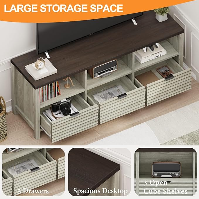 BON AUGURE TV Stand, Fluted Modern Media Console for 65 55 50 in TVs, Farmhouse Wood Entertainment Center with Storage Drawers for Living Room,Bedroom (Walnut Washed Grey)