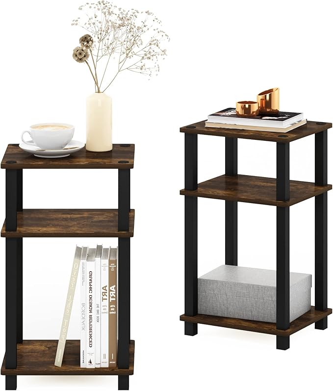 Furinno Just 3-Tier Turn-N-Tube End Table, 2-Pack, Amber Pine/Black