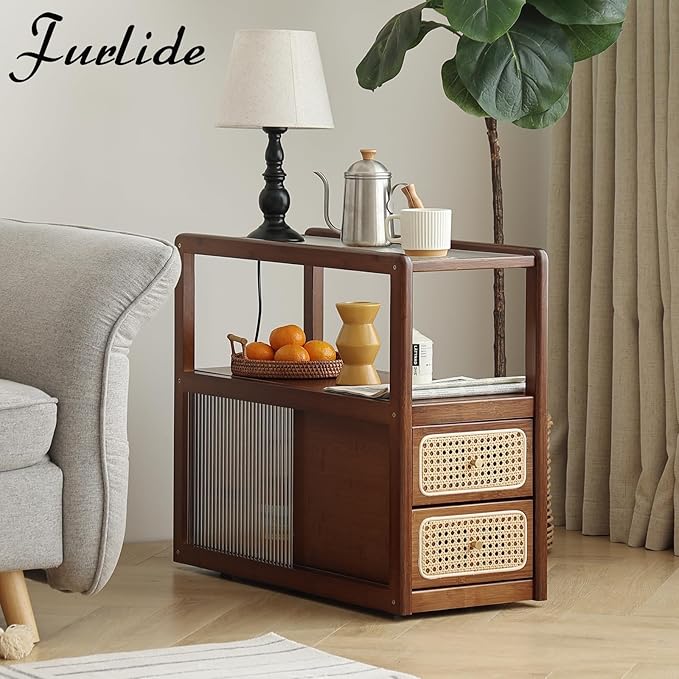 Rattan Nightstand Side Table with Storage, Bamboo Nightstand Bedside Table, Glass Mid Century Modern End Tables for Small Spaces, Living Room, Bedroom，Walnut
