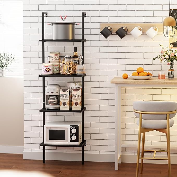 Ladder Shelf 4 Tiers Metal Industrial Bookshelf,Black Wooden Tall Open Storage Rack and Display Shelves,Wall Mount Wide Book Case for Home Office Bedroom,Small