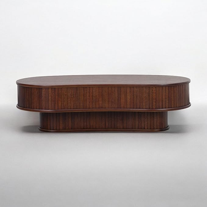 NTC Ripple DOU Coffee Table, Modern Wooden Double-Layer Center Table, Vertical Groove Design, Stylish Living Room Decor, Minimalist Style for Home and Office, Easy Assembly - Dark Walnut