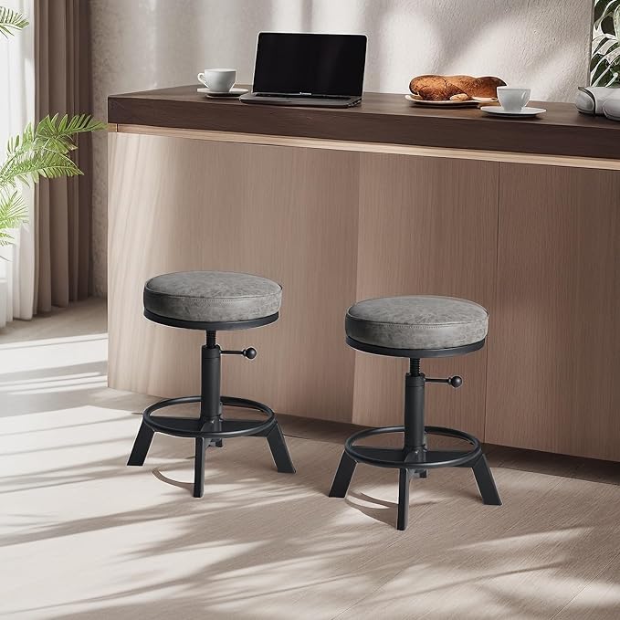 Industrial Bar Stools-Standard Height Chairs-Swivel Pu Seat-Kitchen Island Stool-Height Adjustable 15-21inch(Set of 2)