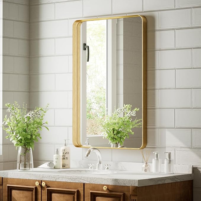 Bathroom Mirror 24x32 inch, Gold Gorgeous Deep Frame Wall Mirror, Modern Round Corner Bathroom Vanity Mirror for Bedroom, Living Room, Hanging or Leaning Horizontal or Vertical, Gold