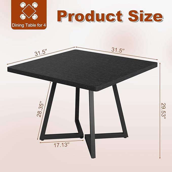 Square Dining Table for 4, 31.5-Inch Farmhouse Dinner Table Wooden Kitchen Tables with Metal Base for Dining Room, Kitchen, Living Room, Black