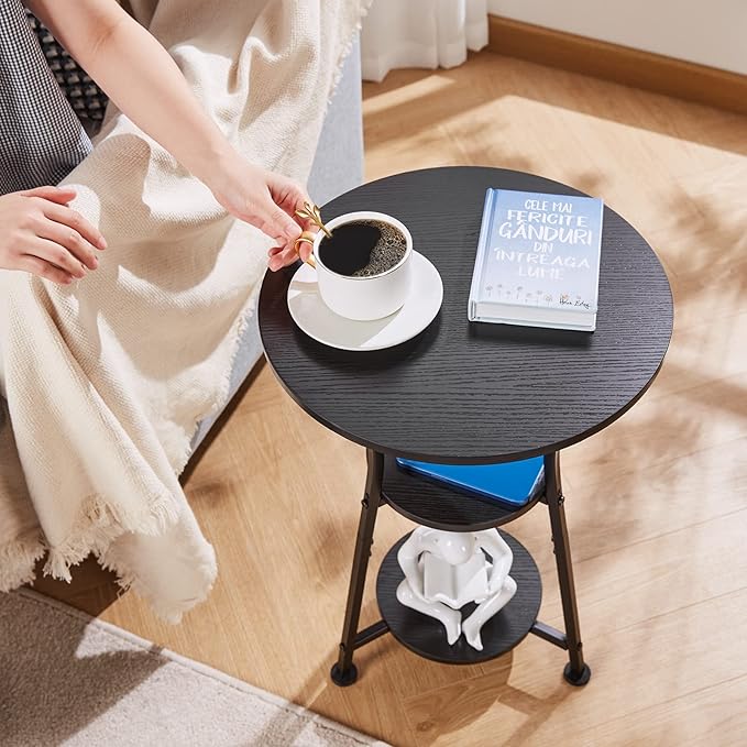 Dulcii Small Round End Table for Narrow and Small Space, 3-Tier Round Accent Couch Beside Table, Modern Side Table Corner Sofa Table Nightstand for Living Room Bedroom,Black