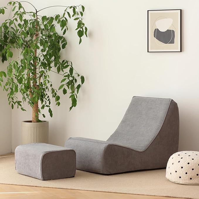 N&V Bean Bag Chair Single Seated Foam Sofa Armless Floor Sofa with High Density Foam Removable and Machine Washable Cover (Grey, Large, No Stripes)
