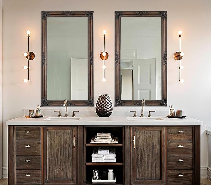 Large Bronze Mirror, 53''x29.5''Vintage Mirrors with Ornate Wooden Frame, Decorative Mirror for Living Room Dining Room Hallway, Horizontal/Vertical