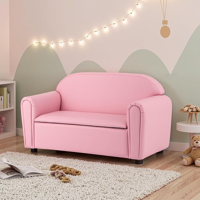 Costzon Kids Couch, 2 in 1 Double Seat Children's Sofa w/Under Seat Storage, PU Leather Surface, Toddler Armrest Chair, Kids Room, Soft Children Pink Sofa with Storage for Preschool Baby Girls Gifts