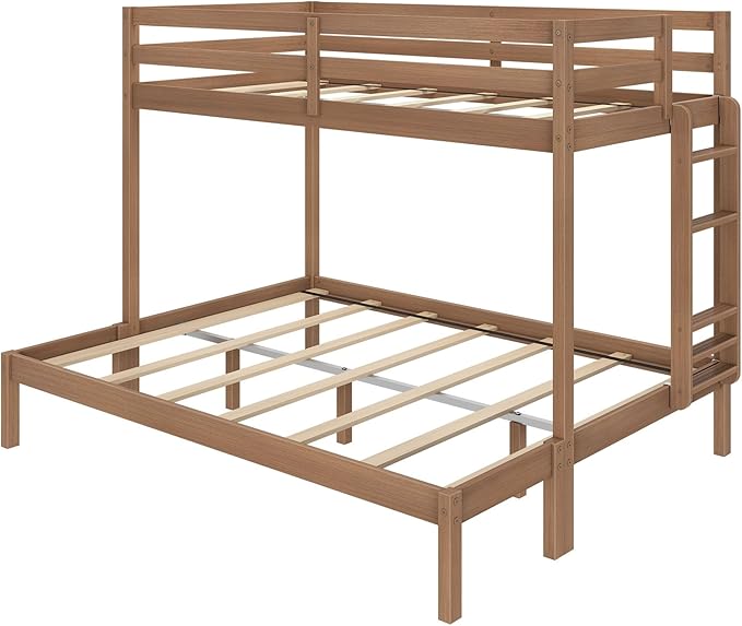 Grain & Grove Bear Twin XL Over Queen Bunk Bed, Sturdy Bunk Bed Frame for Kids, Plywood Bunk with Ladder, Guardrail, and Slats, No Box Spring Required, Oak Embossed Pecan