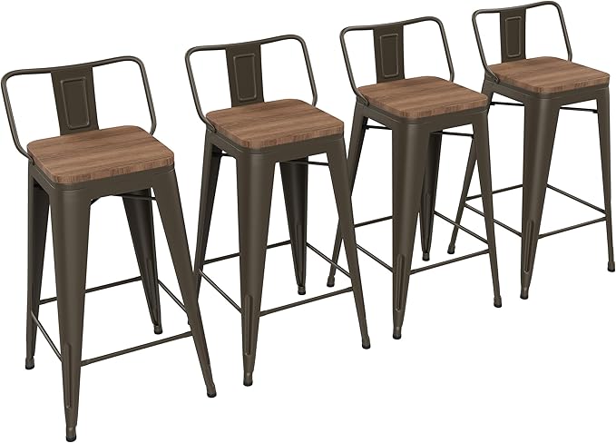 Yongchuang 24 inch Bar Stools Set of 4 Metal Counter Height Bar Stools with Wood Seat Kitchen Low Back Barstools Gunmetal