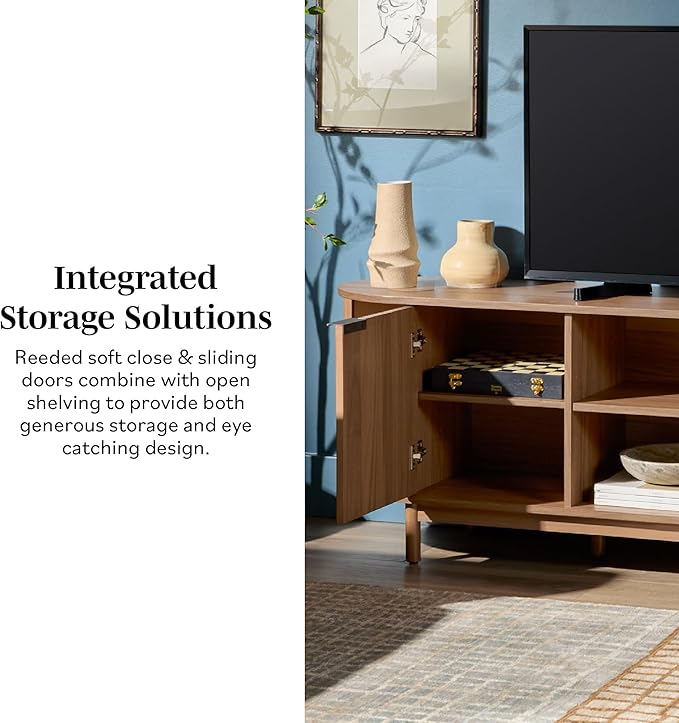 Walker Edison Modern Curved Reeded TV Stand for TVs up to 70 Inches, Credenza with Sliding Doors and Adjustable Shelves, TV Stand with Cord Management Cutout, 70 Inch, Mocha