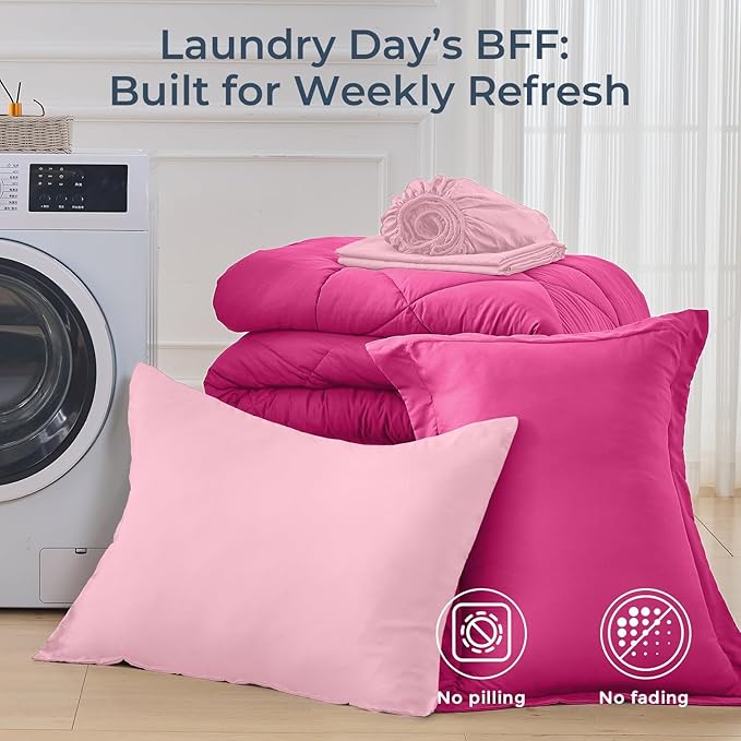 HEVUMYI Hot Pink & Baby Pink Twin-XL Comforter Set - 5-Piece All Season Bed in a Bag Twin-XL, Ultra Soft Bedding Set with Comforter, Flat Sheet, Fitted Sheet, Pillowcases, Pillow Shams