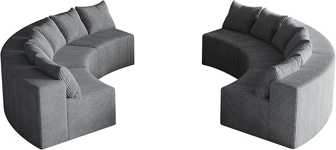 KEIKI Corduroy Curved Sectional Sofa, 6 Seater Symmetrical Modular Semi Circular Couch, Tufted Deep Seat Corner Sofa for Living Room, Lobby, Gray