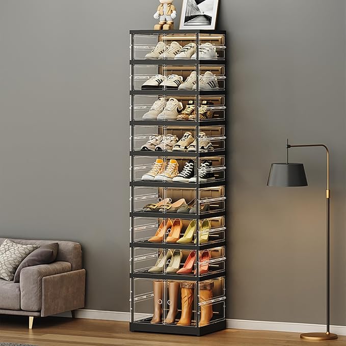 ELPHECO 9 Tier 18 Pairs Foldable Shoe Rack - Clear Shoe Rack Organizer, Folding Entryway Shoe Cabinet, Collapsible Sneaker with Magnetic Doors, Stackable Shoe Shelf,Three-Sided Clear Shoe Box, Black