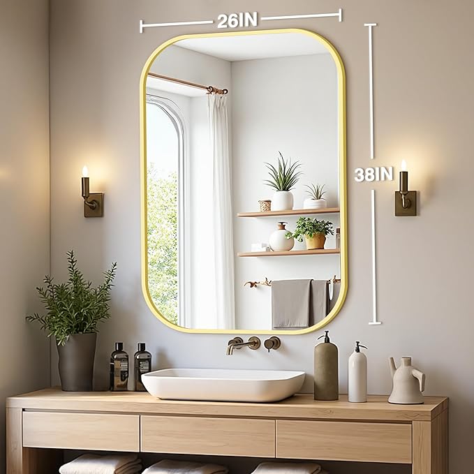 Bathroom Mirrors for Over Sink, 26x38 Gold Vanity Mirror for Bathroom Sink, HD Shatterproof Squircle Wall Mirror for Bathroom Washroom Lavatory Restroom Metal Frame