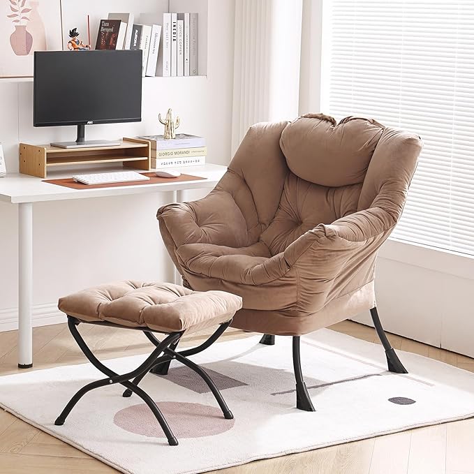 Lazy Chair with Ottoman, Modern Chair with Folding Footrest, Lounge Accent Chair, Comfortable Reading Chair, Oversized Armchairs for Bedroom, Study, Living Room, Courtyard (Khaki)