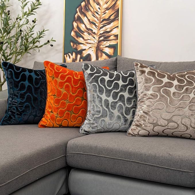 Yangest Orange Square Throw Pillow Cover Wavy Velvet Cushion Cover Modern Zippered Pillowcase for Sofa Couch Bedroom Living Room Chair, 20 x 20 Inch