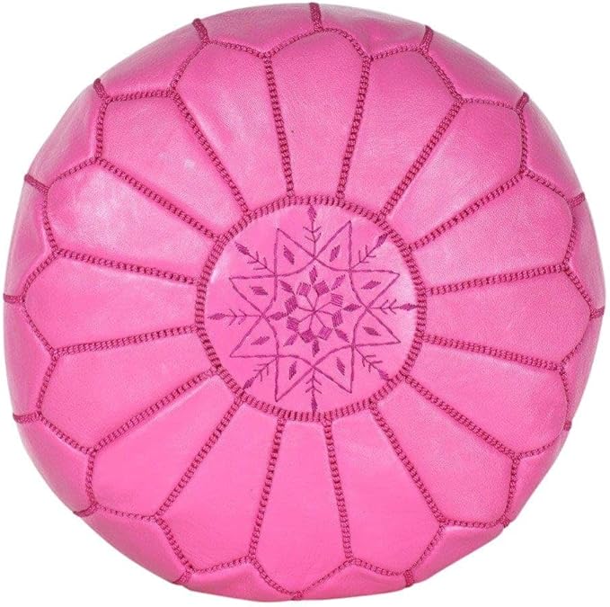 Stuffed Round Design Moroccan Leather Pouf Ottoman, Handmade, Pre-Filled, 100% Genuine Leather, 13” Height x 20” Diameter, Footstool & Living Room Décor (Fuchsia)