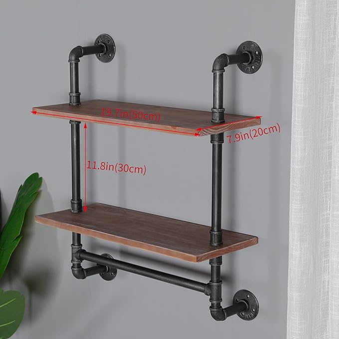 SSS Furniture Industrial Pipe Shelf Bathroom Shelves Wall Mounted, 2 Tier 19.6in Rustic Wood Floating Shroom Decor Wall Shelfelves with Towel Bar, Farmhouse Rustic Bath