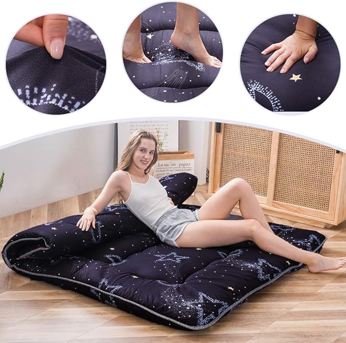MAXYOYO Japanese Futon Mattress Floor Mattress Sleeping Pad Foldable Bed Roll Up Camping Cushion Floor Lounger Bed Couches and Sofas Couch Topper, Moon and Star, Twin Size