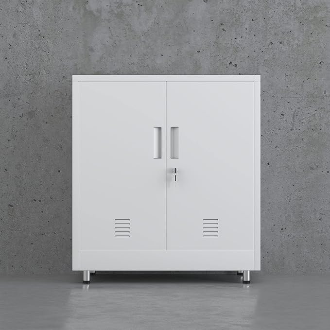 Metal Storage Cabinet with Locking Doors and Adjustable Shelf, Small Lockable Sideboard Buffet Cabinet for Home Office Hallway Entryway Living Dining Room (White)