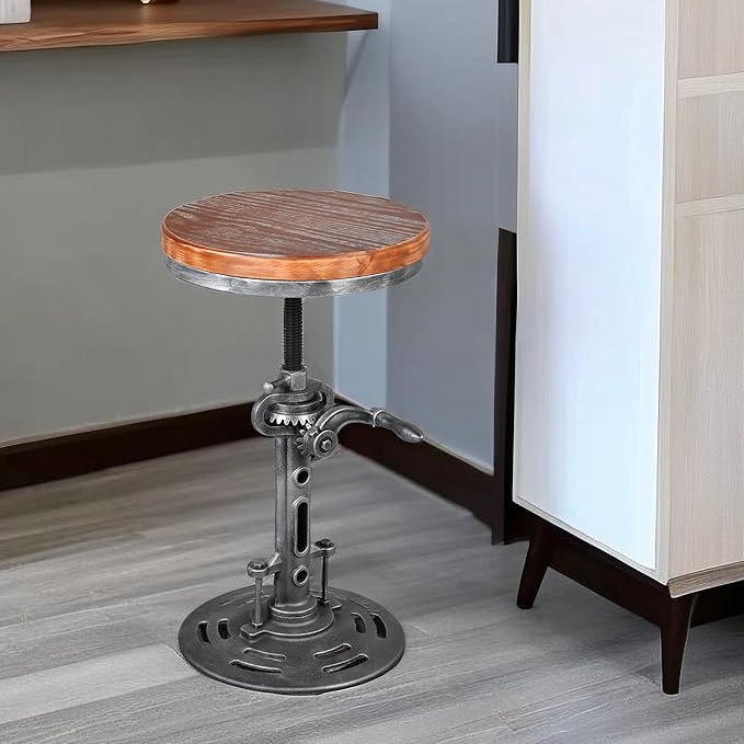 LOKKHAN American Antique Steampunk Deco Vintage Industrial Bar Cafe Stool, Retro Stylish Cast Iron Base Swivel Round Wood Top, Easily Adjusts by Crank Handle