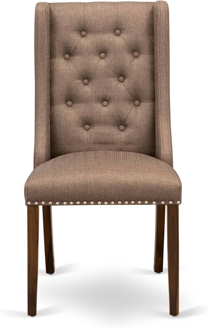 F7FO7-50N-18 - 7-Piece Dining Room Set Contains A Kitchen Table and 6 Brown Polyester Fabric Parsons Chairs with Button Tufted Back, Antique Walnut