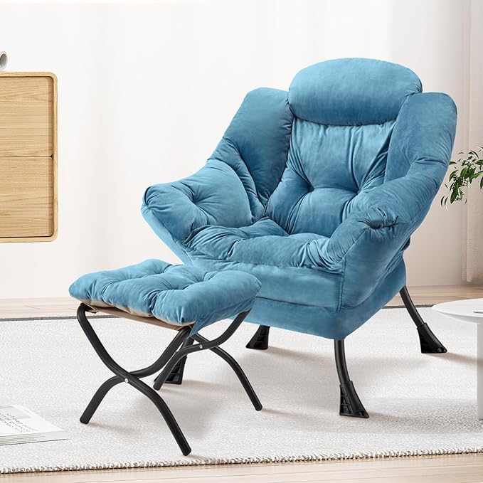 Lazy Chair with Folding Ottoman Modern Large Accent Chair,Contemporary Lounge Leisure Sofa Chair with Armrests Upholstered Sofa Armchair Reading for Bedroom,Dorm & Office(Blue-f)