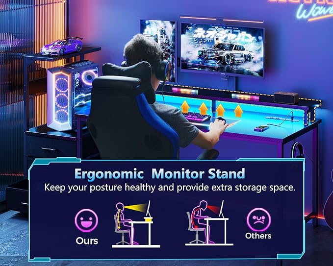 AODK 52 Inch Gaming Desk with USB Charging Ports & LED Light- Reversible Computer Desk with Storage Shelves & Monitor Stand, Modern Gamer Desk Table with Fabric Drawers & Side Hook, Carbon Fiber Black