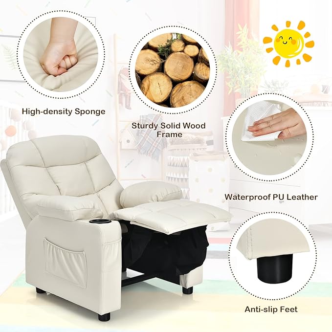 Costzon Kids Recliner Chair with Cup Holder, Adjustable Lounge Chair w/Footrest & Side Pockets for Children Boys Girls Room, Ergonomic Toddler Furniture Sofa, Kids Recliner (Beige)