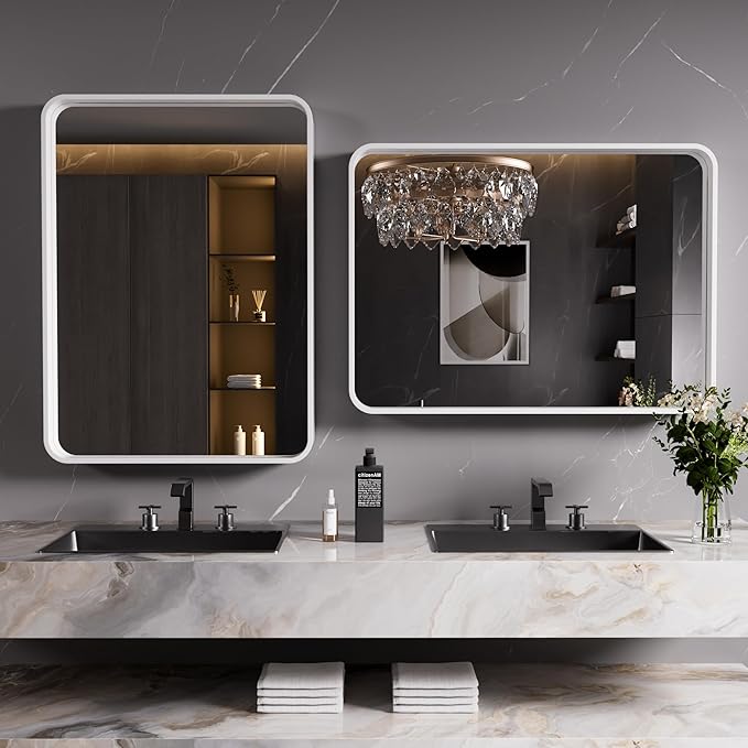 White Bathroom Mirror 20x30 Inch, White Metal Framed Bathroom Mirror for Wall, Rounded Rectangle Matte Bathroom Vanity Mirror, Tempered Glass, Anti-Rust, Horizontal/Vertical
