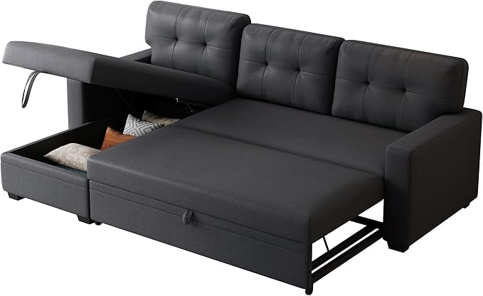 Ball & Cast Convertible Sectional Sleeper Sofa Bed L Shaped 4 in 1 Pull Out Couch with Reversible Storage Chaise & Removable Back Cushions,Sleeper Corner Pull Out Sofa Bed Couch for Living Room,Office