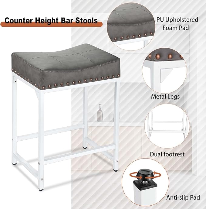 Bar Stools Set of 2, Counter Height Bar Stools with Thick Saddle Cushion and Barstools Metal Frame, 24" Modern Saddle Stool for Bar, Stool for Kitchen Counter Island Pub (Grey+White)