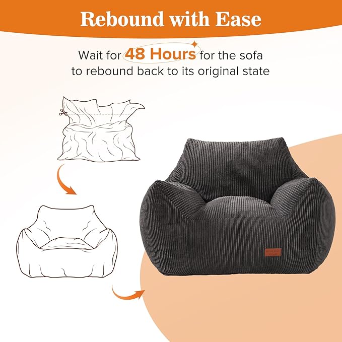 Big Bean Bag Chair for Adults & Kids, Ultra Soft Living Room Bean Bag with Armrests, Stuffed BeanBag Floor Sofa for Napping, Gaming, Lounging, Dark Gray