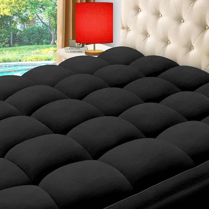 ELEMUSE Twin XL Black Cooling Bamboo Viscose Mattress Topper for College Dorm, Extra Long Twin Mattress Pad Cover for Back Pain, Soft Pillowtop with Deep Pocket, Overfilled Down Alternative Filling