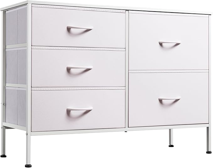 WLIVE White Dresser for Bedroom with 5 Drawers, Fabric Dresser for Living Room, Wide Chest of Drawers for Bedroom, Closet, Hallway, White