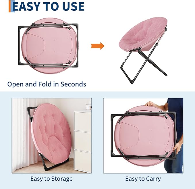 Saucer Chair, XL Foldable Lounge Chair for Bedroom/Dorm, Plush Comfy Seat with Non-Slip Base for Teens & Adults, Faux Fur Accent Chair, Pink