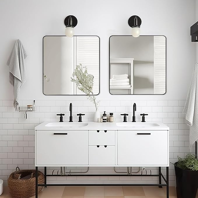 ANDY STAR Square Wall Mirror for Bathroom, 24”x24” Matte Black Bathroom Mirror, Rounded Corner Metal Mirror in Premium Stainless Steel Frame Hangs Horizontal Or Vertical