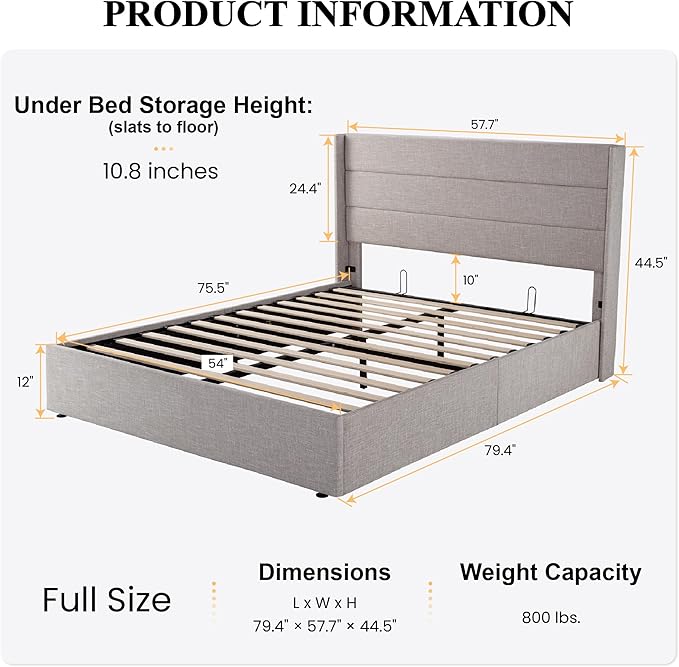 SHA CERLIN Full Size Lift Up Storage Bed/Modern Wingback Headboard/Upholstered Platform Bed Frame/Hydraulic Storage/No Box Spring Needed/Wood Slats Support/Light Beige