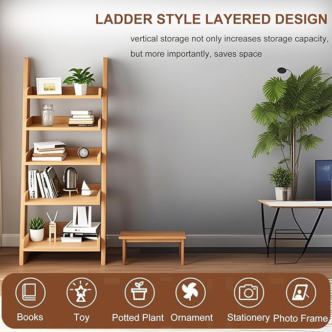 5-Tier Ladder Bookshelf, H 55" Leaning Bookshelf Storage Rack Organizer, Wooden Ladder Shelf Bookcase for Living Room, Home Office and Bedroom, Wood Color