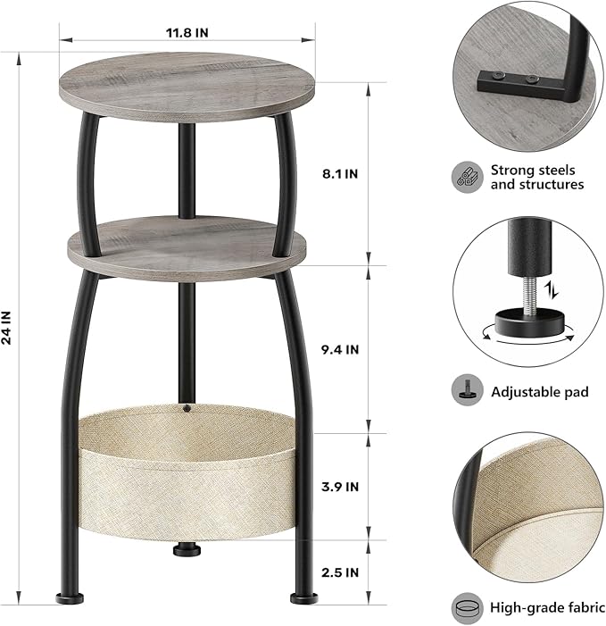 Round Side Table with Storage Basket –Small Space Saving End Table 3-Tier Coffee Table Bedside Corner Stand for Living Room, Bedroom, Garden and More 24in Tall Greige